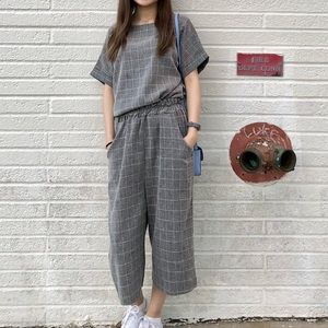 Grey Plaid Top & Bottom Set
